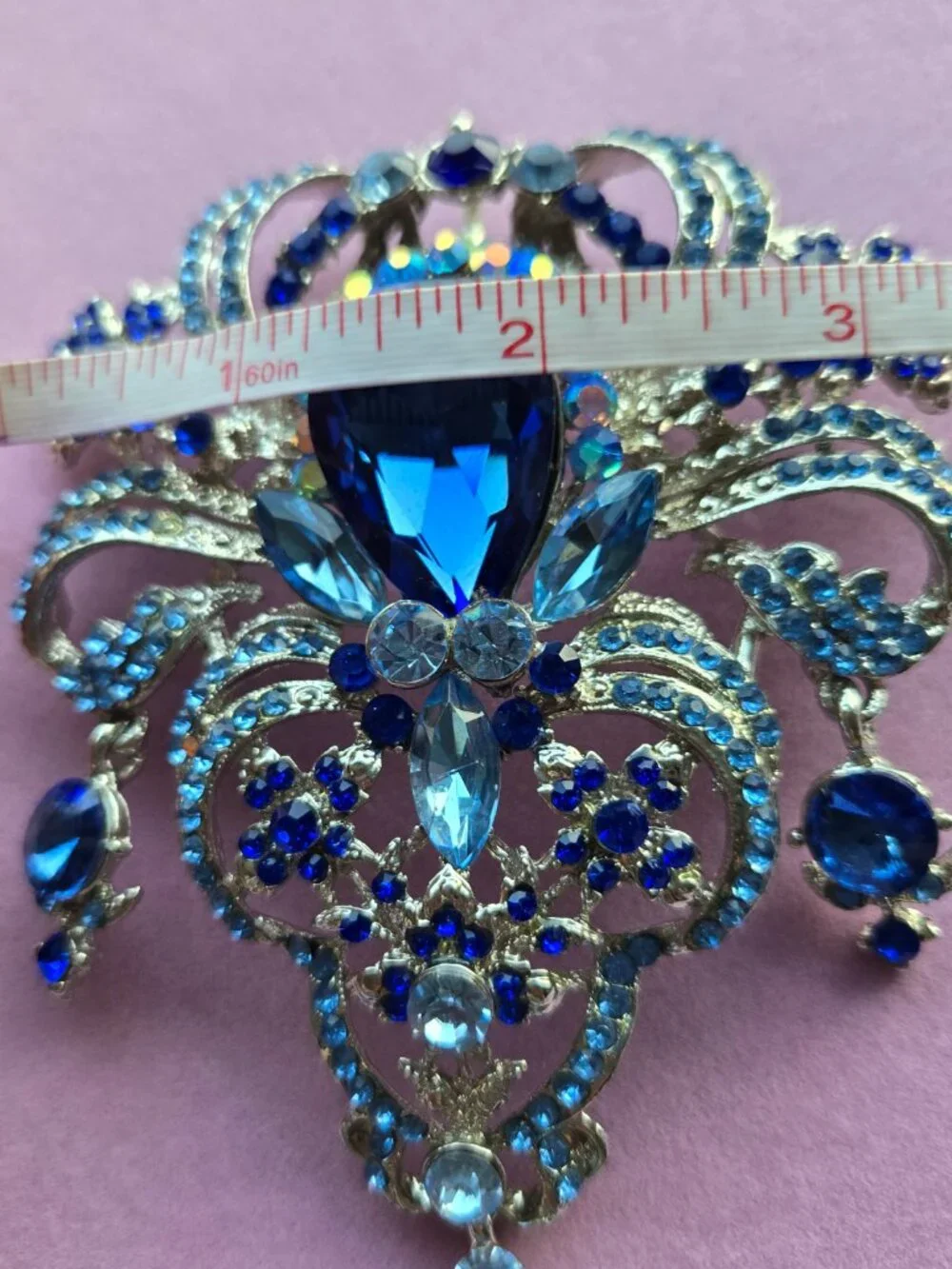 Bejewelled Blue Crystal Ornate Brooch Romantic Victorian Style